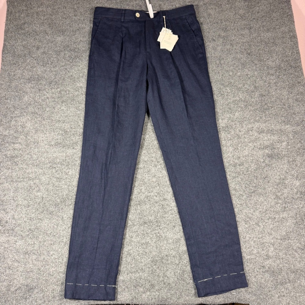 Brunello Cucinelli Pleated Linen Trousers Mens 33/42IT Italy Blue 100% Linen NWT